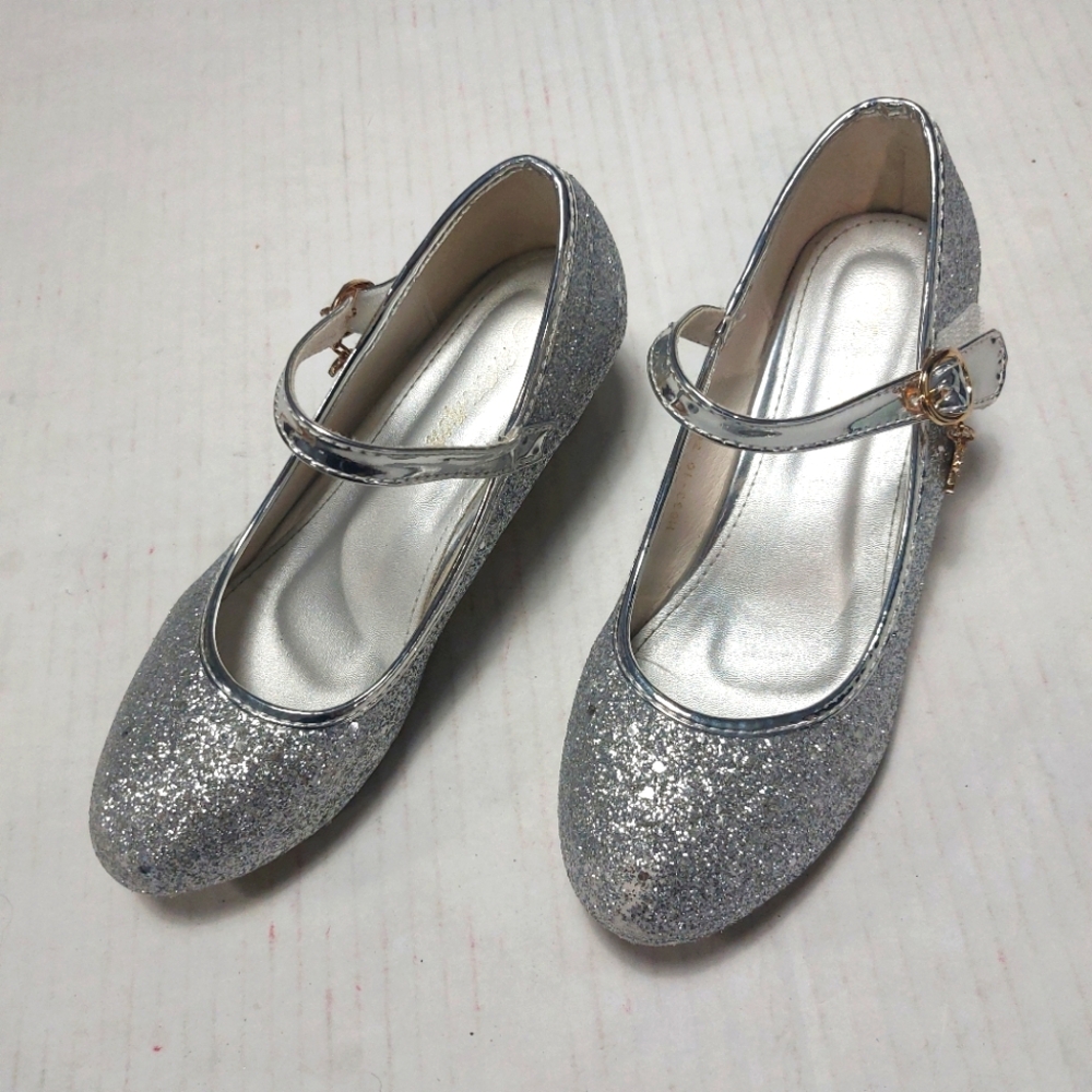 Girls Silver Mary Jane Glitter Sparkle low Block Heels Shoes Size 36.